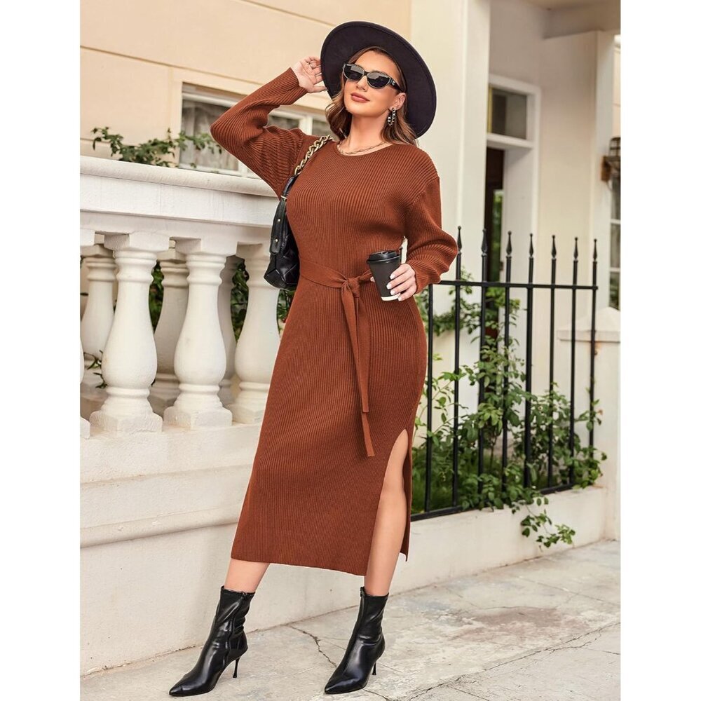 Plus Size Womens Ribbed Sweater Dress Long Sleeve Midi with Belt for Fall - Picture 2 of 5